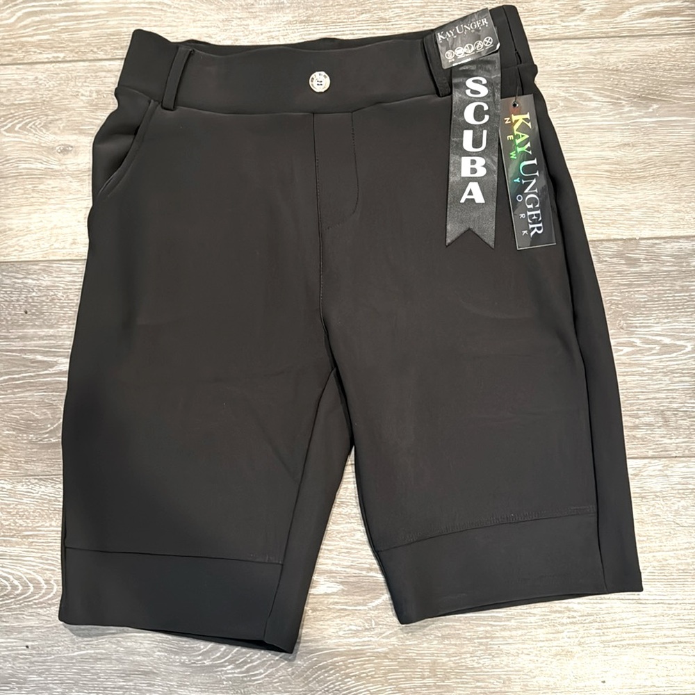 NWT Kay Unger Scuba Shorts Solid Black Silver Button Front Pockets Belt‎ Loops